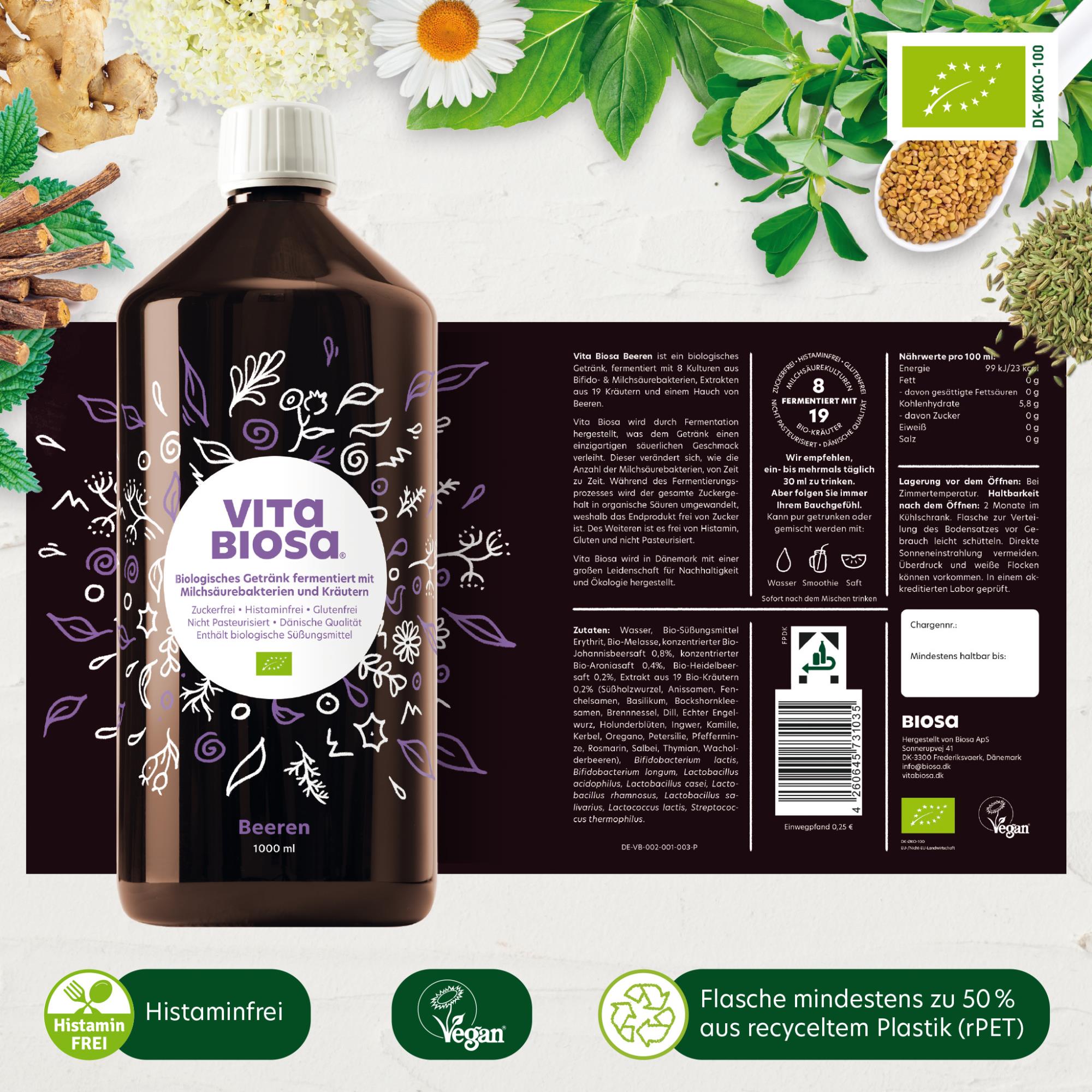 Vita Biosa Beeren 3 verschiedene Größen alkoholfrei Vita Biosa Beeren Kräuterfermentgetränk Glutenfrei Histaminfrei Vegan Laktosefrei